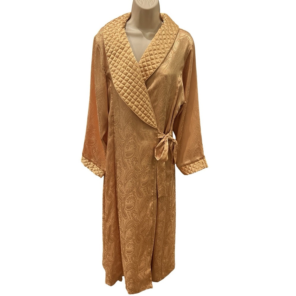 Vintage Victoria's Secret Gold Paisley Satin Jacquard Quilted Collar Long Robe L